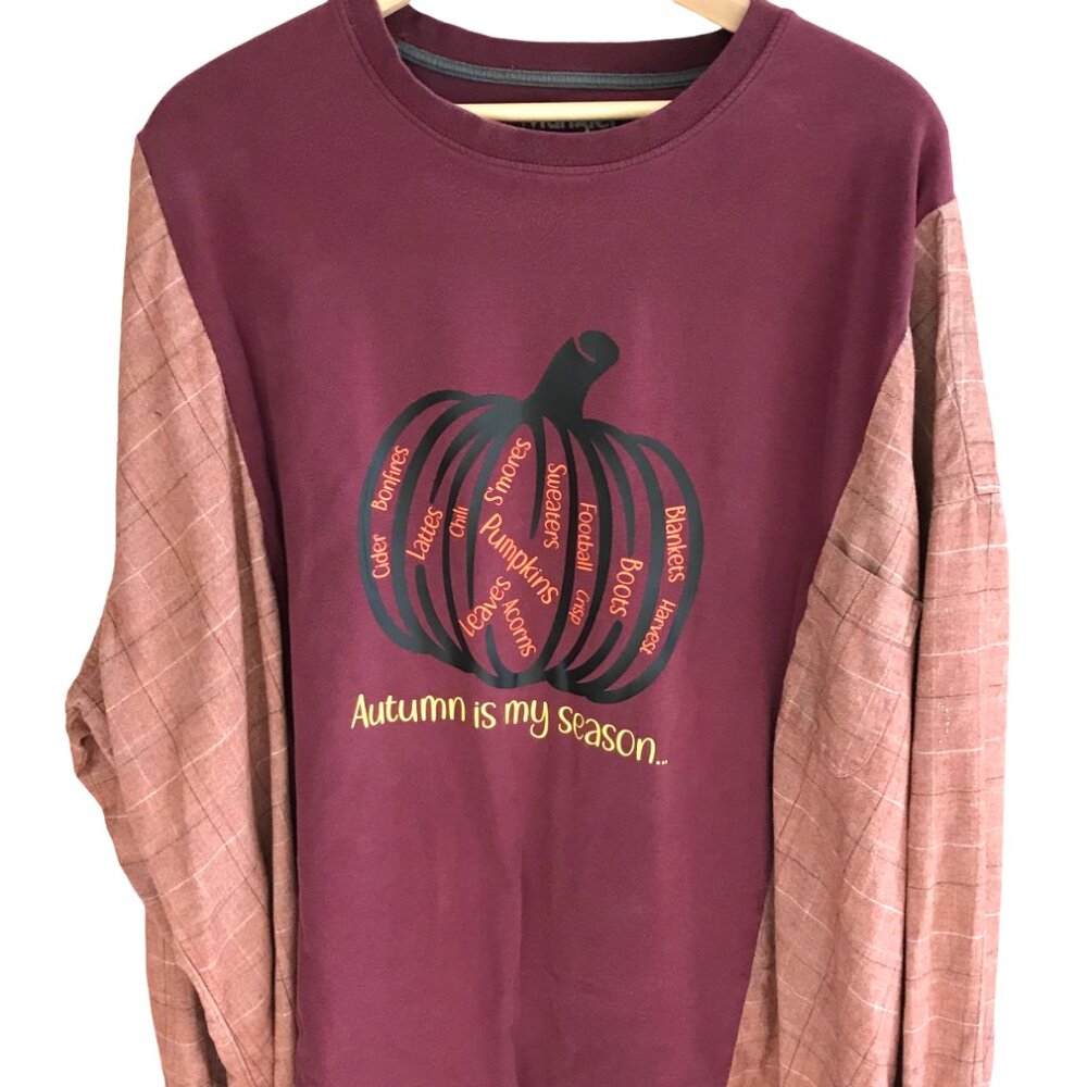 Upcycled Flannel Shirt Oversized Autumn Graphics Spliced Tee Fits XL 2X 3X - Picture 3 of 13